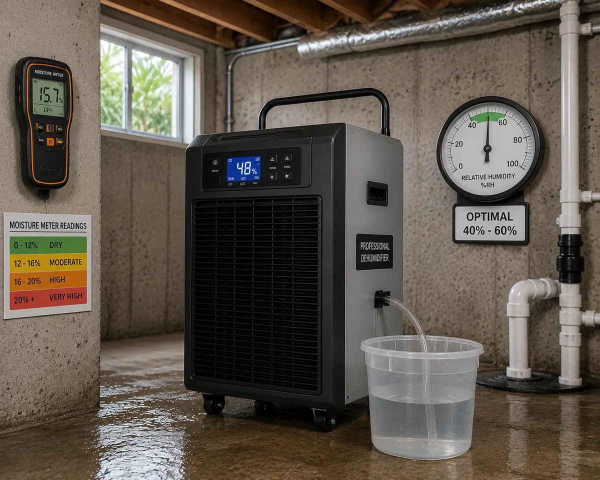 Professional-grade dehumidifier unit in a Southwest Florida basement with moisture meter readings displayed, water collection bucket visible, and humidity gauge showing optimal levels Dehumidifier equipment for moisture and mold prevention in humid homes