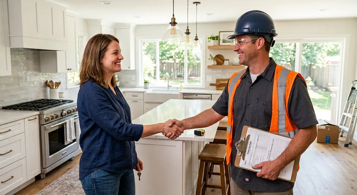 alt: homeowner reviewing kitchen renovation contractor ratings and customer testimonials online