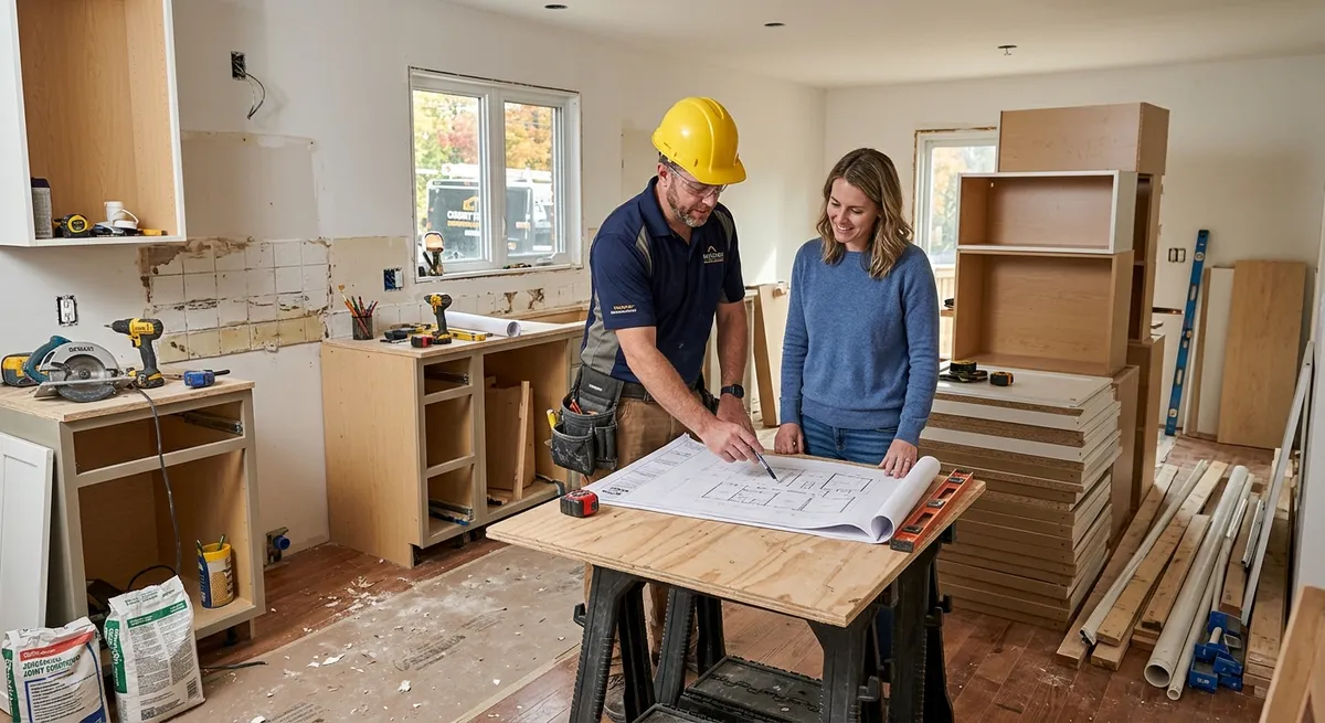 alt: kitchen renovation contractors discussing renovation details at job site