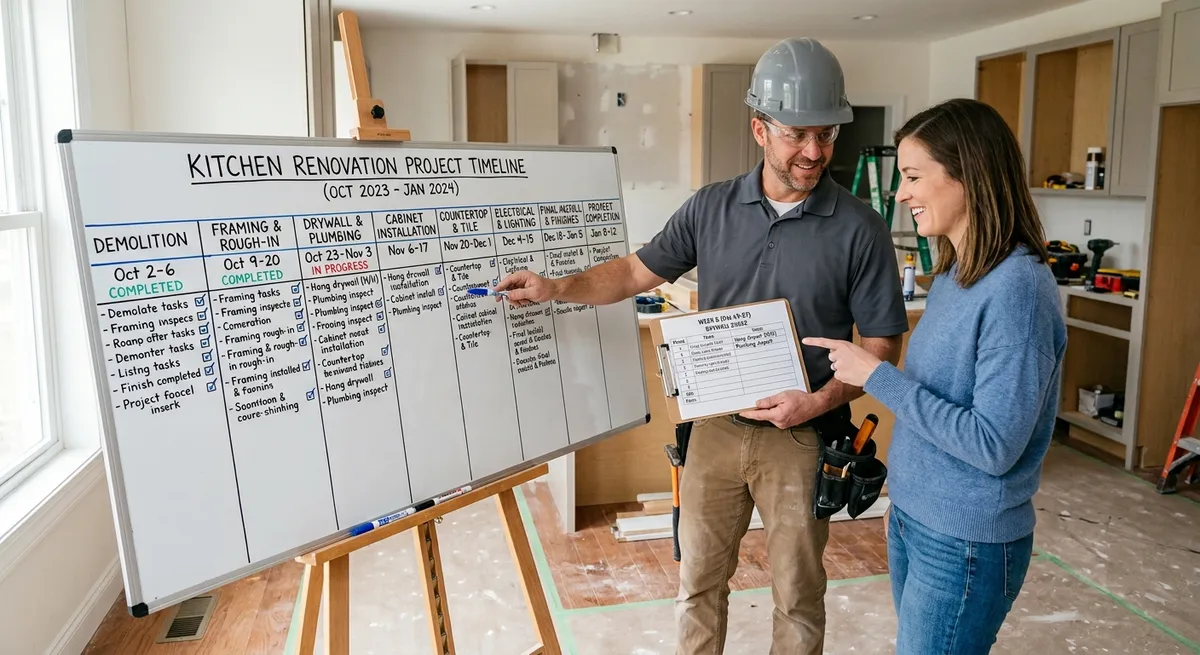alt: detailed kitchen renovation timeline and project phases with contractor explaining schedule