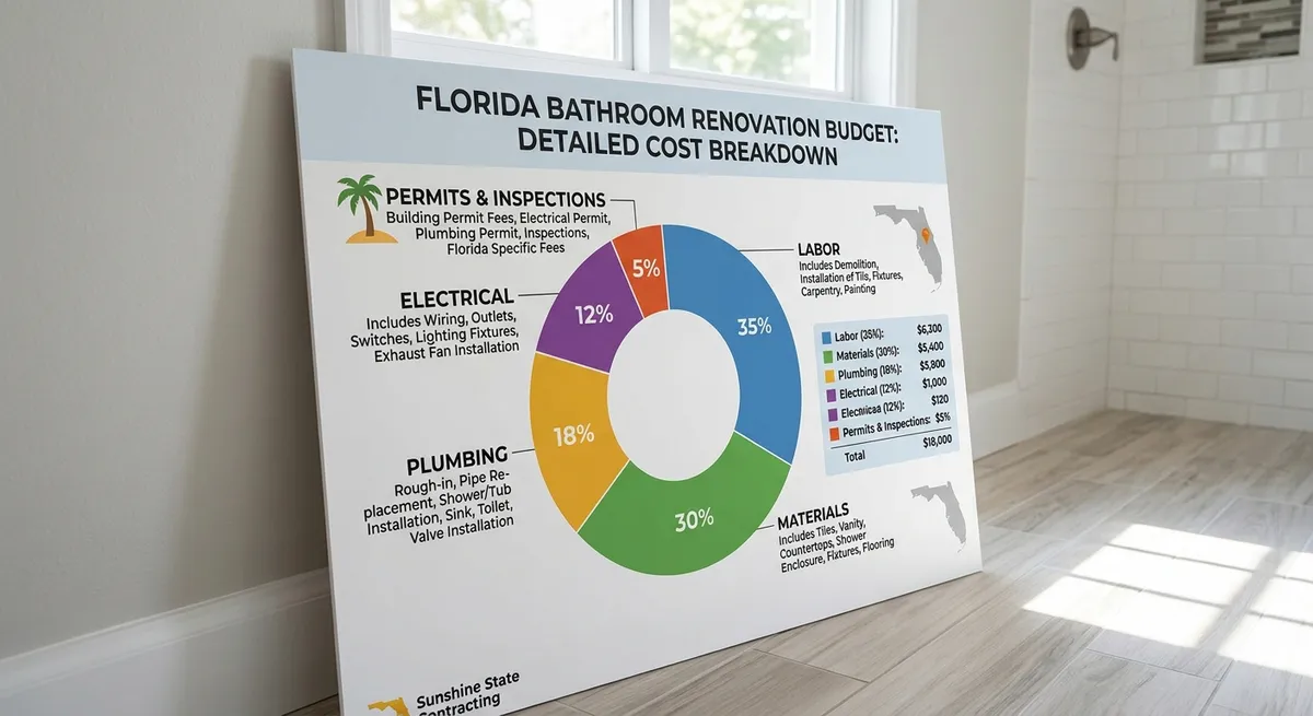 Detailed cost breakdown chart showing percentage allocation for labor, materials, plumbing, electrical, and permits in a Florida bathroom renovation budget