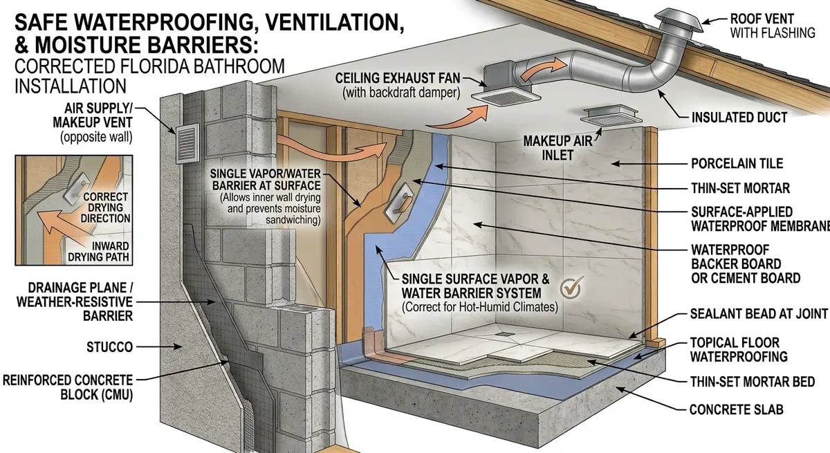 Cross-section diagram showing proper waterproofing, ventilation, and moisture barriers in a humid Florida bathroom remodel installation